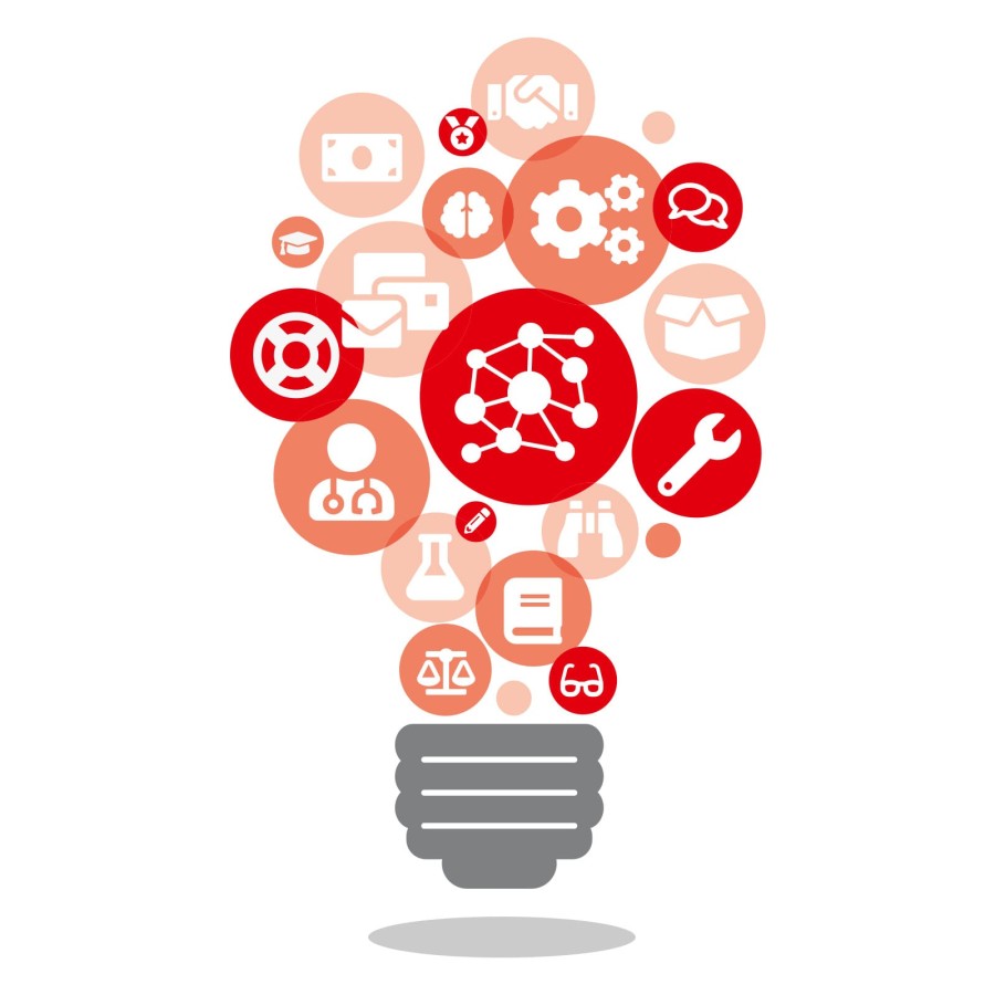 Symbolbild der KOWA Leipzig - stilisierte Gl&uuml;hlampe mit Icons zu Themen wie Vernetzung, Wissenschaft, Arbeitswelt etc.